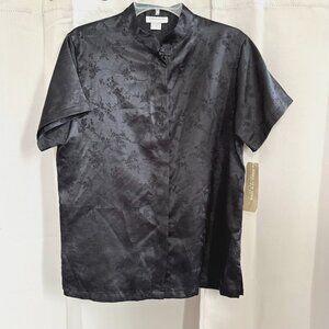 Vtg Jones NY Womens Top Large‎ Black Jacquard Floral Asian Inspired Satin 18447